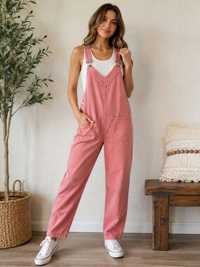 Storia Women salmon  Cotton Denim Overall Jumpsuit Relaxed Adjustable Strap S